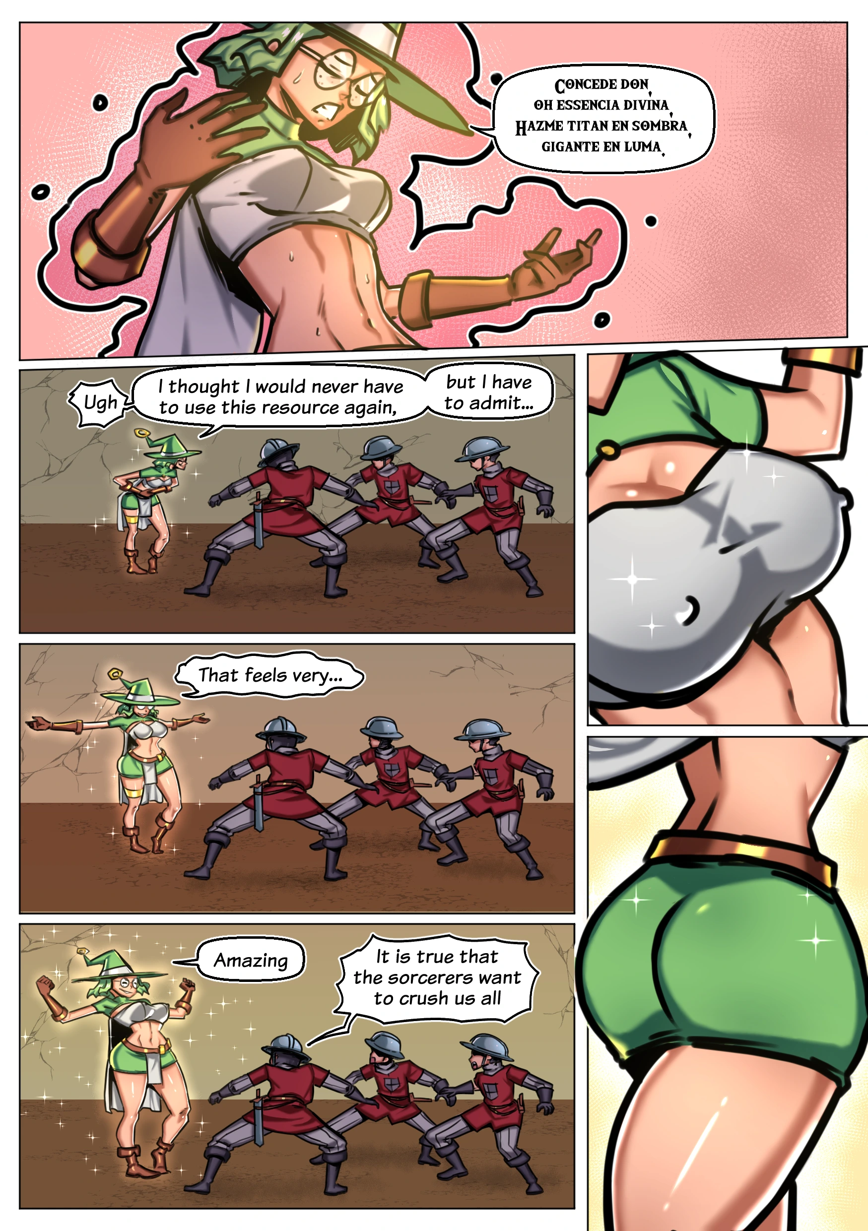 Valendoria’s Destiny giantess comic featuring Meeralia, a sorceress using giantess growth magic to fight against a kingdom’s purge of magic users